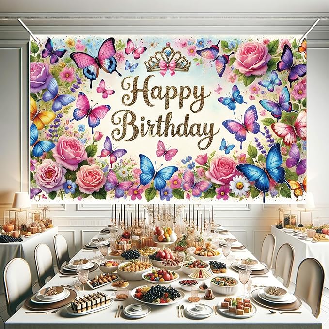 Happy Birthday Backdrop Butterfly Floral Banner Crown Decorations Photography Background for Women Girls Princess Supplies Cake Table Photo Shoot Props 71 x 43 Inch