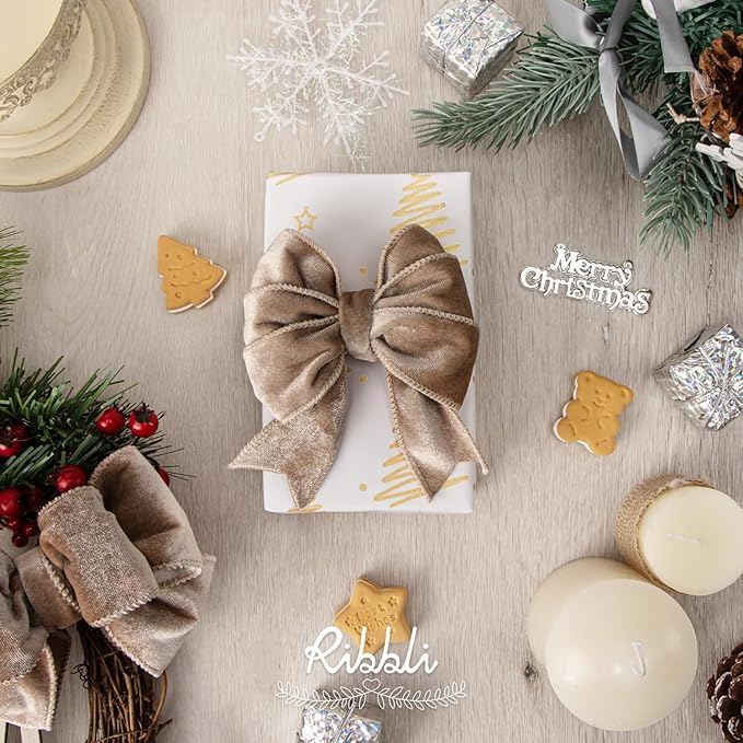 Ribbli Camel Velvet Wired Ribbon 1.5 Inch Velvet with Satin Christmas Ribbon for Gift Wrapping Christmas Tree Decoration Crafts Wreaths Supplies-Continuous 10 Yards