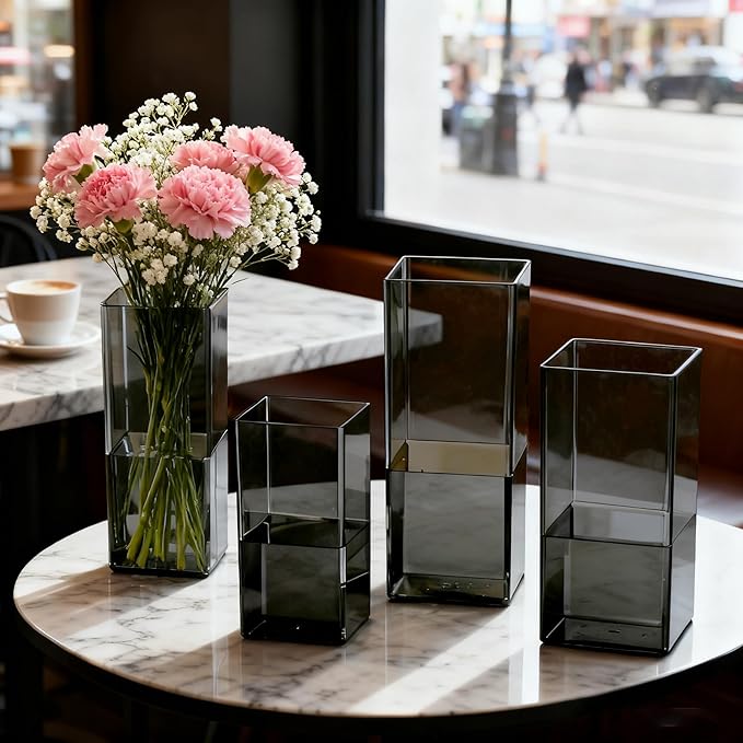Acrylic Square Flower Vase, Non-breakable Vase, 5" x 5" x 10" Tall Grey Vases for Flower, Large Cube Floral Plant Container, Planter Terrarium for Wedding Party Event, Home Office Decor