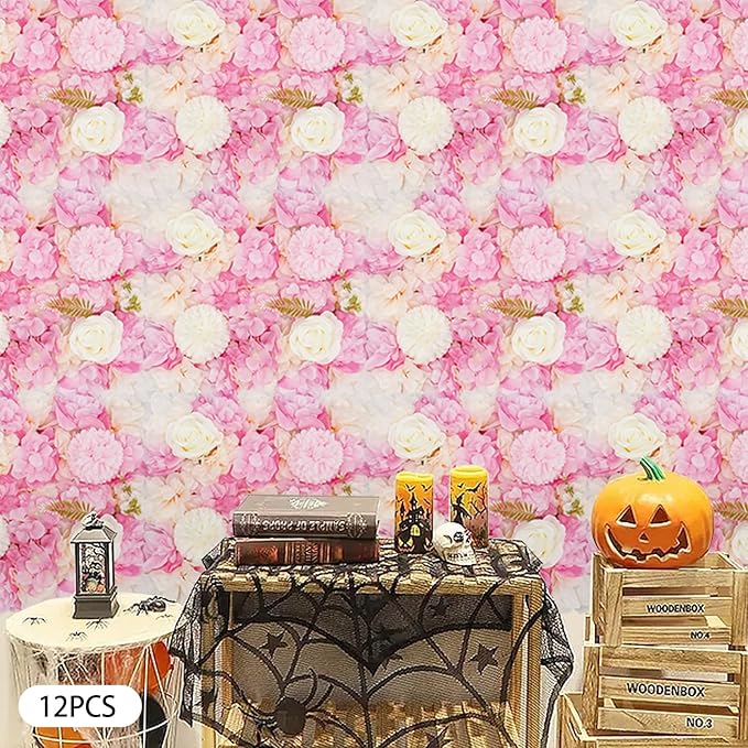 Artificial Flower Wall Panels, Silk Wedding Flower Wall Backdrop Panel, 3D Floral Panel Artificial Floral Wall Mat Flower Screen for Photo Party Wedding Wall Background Decor (12PCS Pink+White)