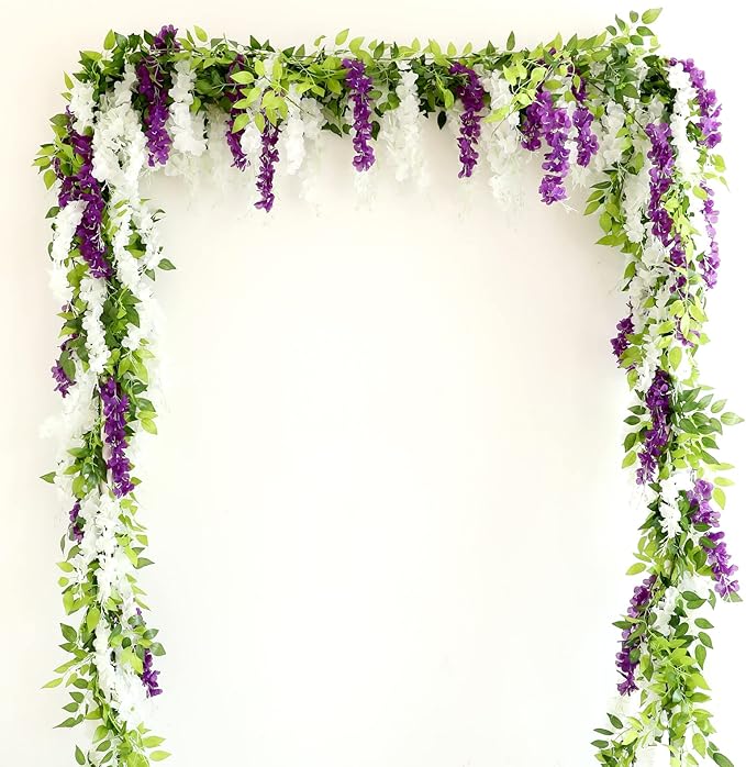Wisteria Artificial Flowers Garland, 2Pcs Total 14.4ft Silk Faux Wisteria Vine Kit, Hanging Flower Plant for House Outdoor Garden Ceremony Outside Wedding Arch Floral Decor (2, Purple)