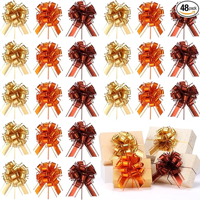 48 Pcs Christmas Large Pull Bows for Gift Wrapping 6 Inch Colorful Ribbon Pull Bows for Presents Boxes Basket Gifts Wrapping Xmas Birthday Wedding Holiday Party Decoration(Gold Orange Brown)