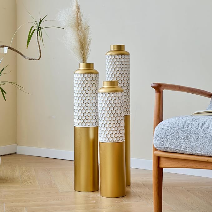 Floor Vases, Tall Home Decor Metal Vase Set of 3 Large Glazed Decorative Vases for Wedding Decor, Elegant Modern Flower Holder for Living Room, Entryway, Hallway, Dining Room
