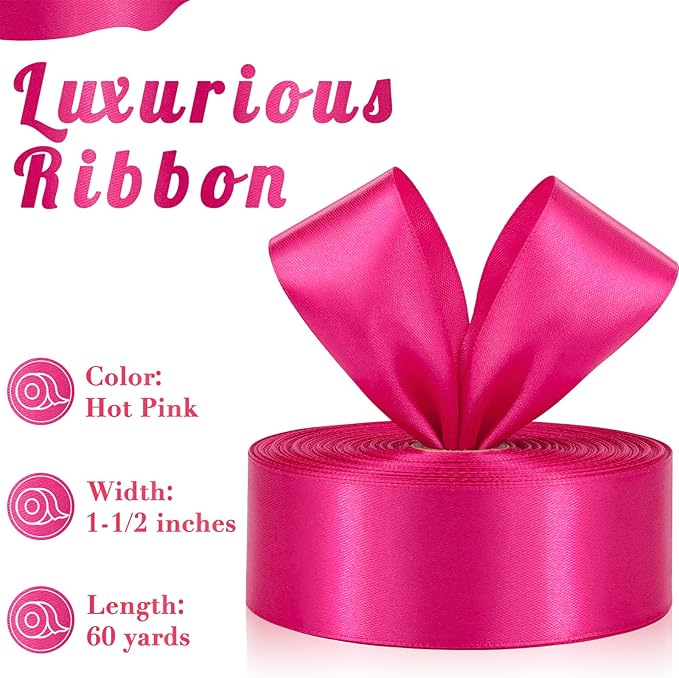 Hot Pink Ribbon 1-1/2 Inch, 60 Yards Hot Pink Satin Ribbon for Gift Wrapping Flower Bouquet Crafts Wedding Birthday Party Baby Shower