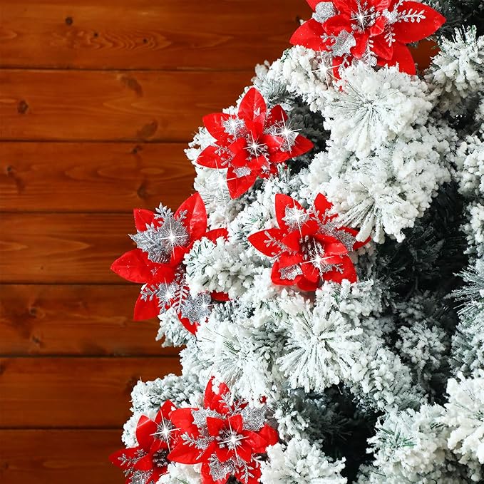 24 Christmas Glitter Artificial Poinsettia Flowers Xmas Poinsettia Artificial Wedding Flowers Decorations Xmas Tree Ornaments with Clips for Party Favors, 6 Inch, 4 Inch, 3 Inch (Red and Silver)