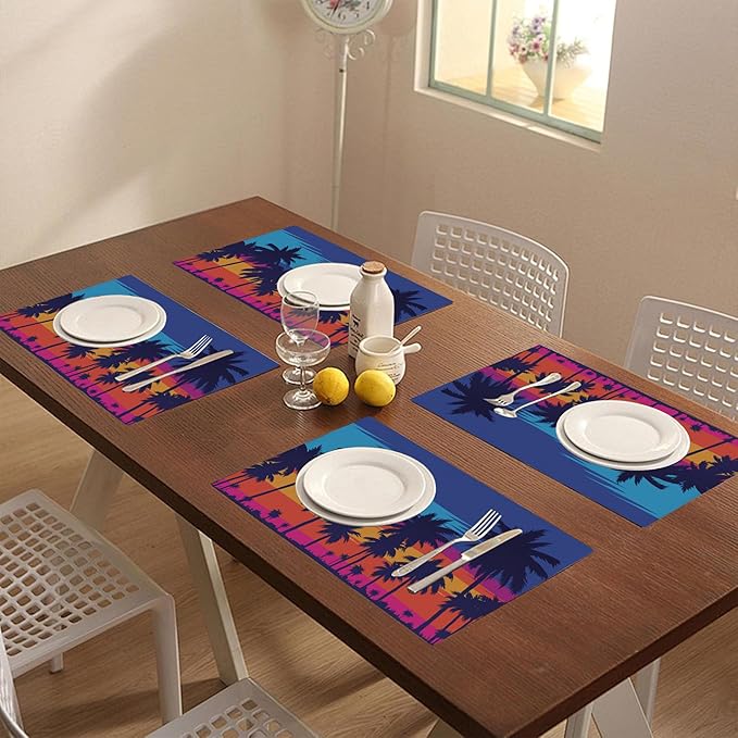 Placemats Set of 4 Palm Tree Orange Sunset Place Mats Washable Table Dinner Mats Linen Table Mats for Kitchen Dining Party Home Kitchen Decor 12x18 Inch