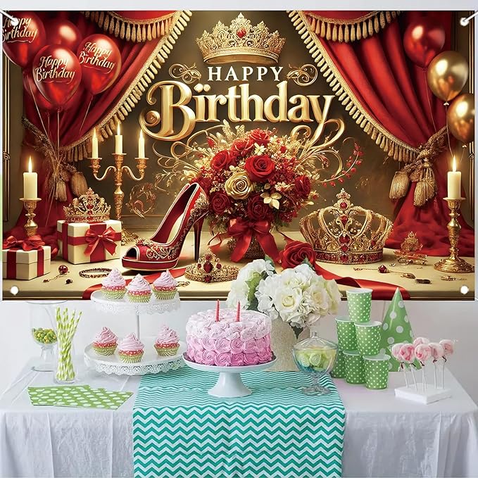 Starlit Patio Red High Heel Backdrop for Woman's Birthday Party, 71 x 43 Inch, Polyester Fabric
