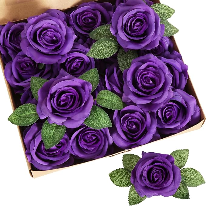 20pcs Purple Roses Artificial Flowers Fake Roses Real Looking Silk Flowers Bulk Big Faux Roses with Stems for Wedding Centerpieces Table Home Party Decor Bridal Floral Arrangements (Purple)