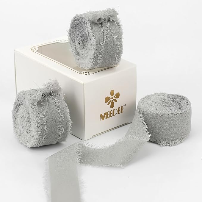 MEEDEE Silver Chiffon Ribbon 1 Inch Frayed Ribbons Gray Chiffon Silk Grey Fringe Ribbon Thin Chiffon Ribbons for Crafts, Gift Wrapping, Wedding Invitation (3 Rolls 21 Yards)