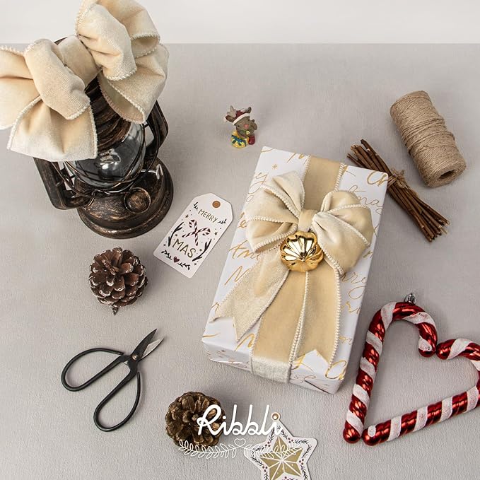 Ribbli Ivory Velvet Wired Ribbon 1.5 Inch Velvet with Satin Christmas Ribbon for Gift Wrapping Christmas Tree Decoration Crafts Wreaths Supplies-Continuous 10 Yards