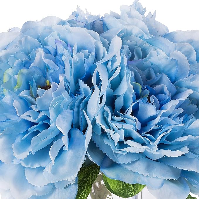 Enova Home Silk Peony Flowers Arrangements in Cube Glass Vase with Faux Water for Home Table Wedding Centerpiece Decoration (Blue)
