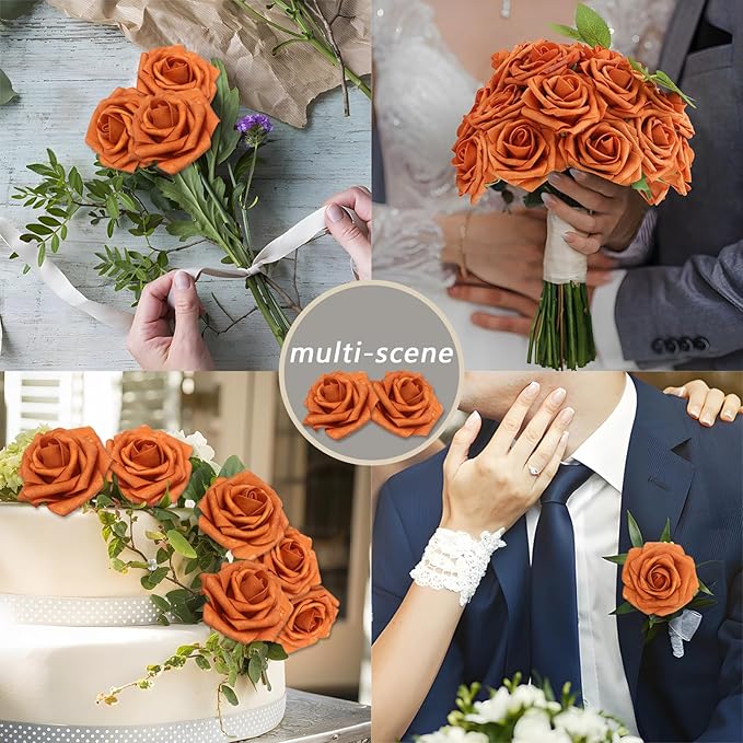 200PCS Artificial Flowers Burnt Orange Roses Real Looking Foam Fake Roses with Leaves and for DIY Wedding Bouquets Bridal Shower Centerpieces Party Decorations (Burnt Orange, 200)