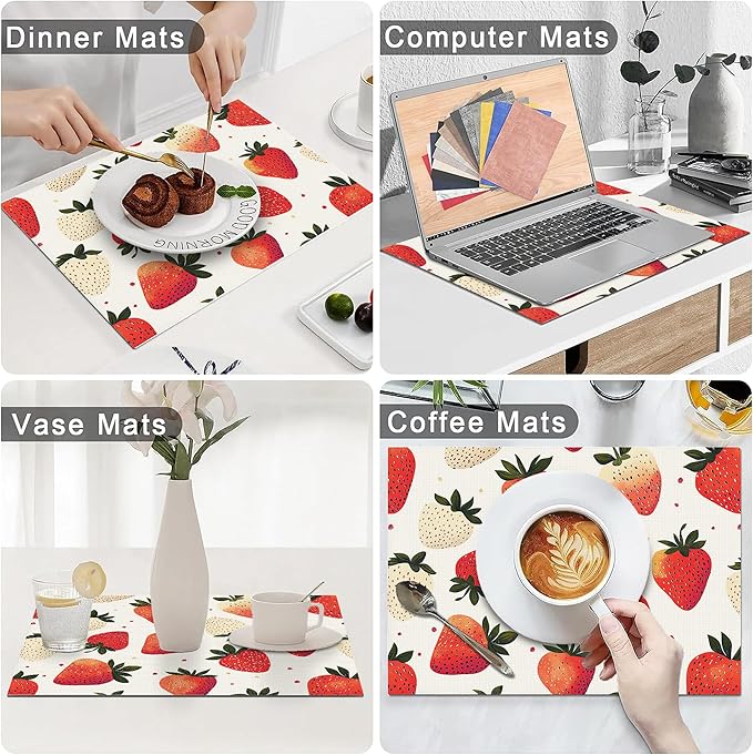Sweet Strawberry Placemats Set of 4 Washable Table Mats Spring Summer Fruit Heat-Resistant Cotton Linen Place Mats for Dining Table Kitchen Indoor Outdoor Party Holiday Decor