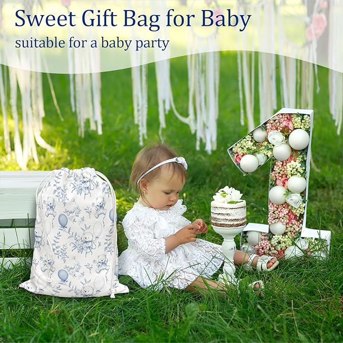 DSHFG Light Blue Bear Birthday Drawstring Gift Wrap Bags, Chinoiserie Animals Baby Shower Drawstring Gift Bags Canvas, Cute Bear Blue and White Small Happy Birthday Bag, 10x13 Inch