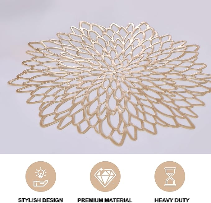 Snowkingdom Pack of 18 Gold Metallic Round Placemats Bulk Pressed Vinyl Leaf Dinning Kitchen Table Mats Decorations Setting for Christmas Wedding Thanksgiving Party Event Holiday Autumn Harvest