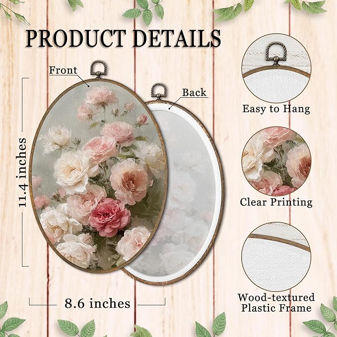 SHQIEUDH Vintage Pink Rose Floral Oval Wall Art 8.6x11.4, Cottagecore Flower Framed Canvas Prints Artwork, Retro Rustic Flowers Botanical Oval Wall Hanging Decor for Living Room Home Bedroom Kitchen