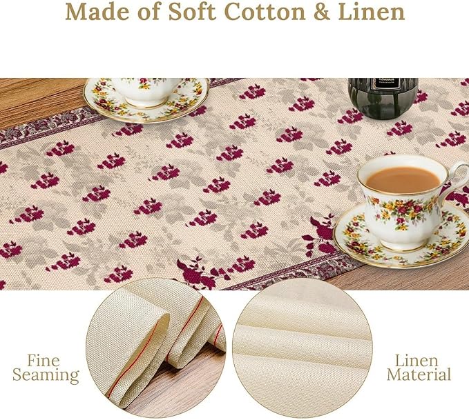 Elegant Floral Table Runner, Vintage Burgundy Maroon Flowers Classic Art Table Decoration Runner for Kitchen Dining Holiday Party Wedding Home Decor, 13x36 Inch