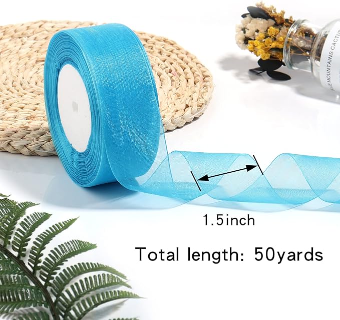 1.5 inch Sheer Organza Ribbon Lake Blue Chiffon Ribbon for Gift Wrapping Christmas Halloween Decoration Wedding Bouquet Crafts 50 Yards