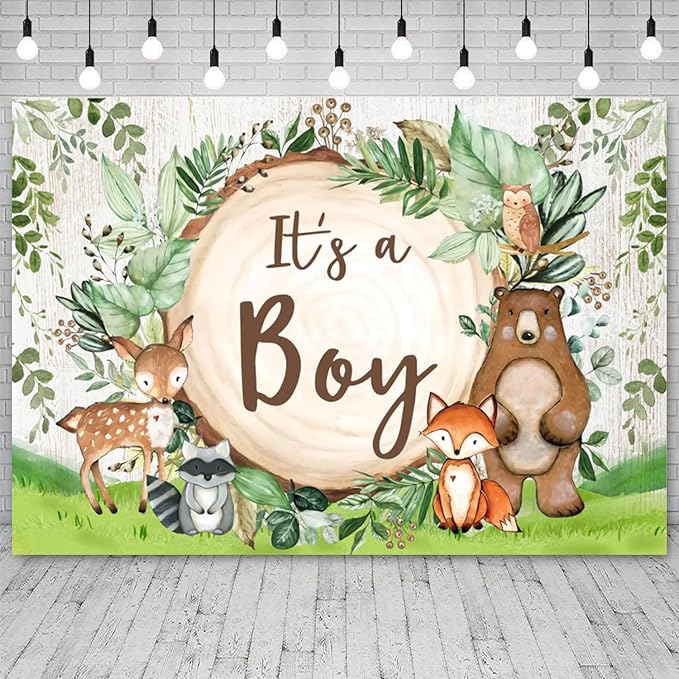 10x6.5ft Woodland Baby Shower Backdrop It's a Boy Photography Background Jungle Green Grass Safari Animals Bear Fox Baby Boys Party Banner Decorations Newborn Portrait Photo Booth Prop