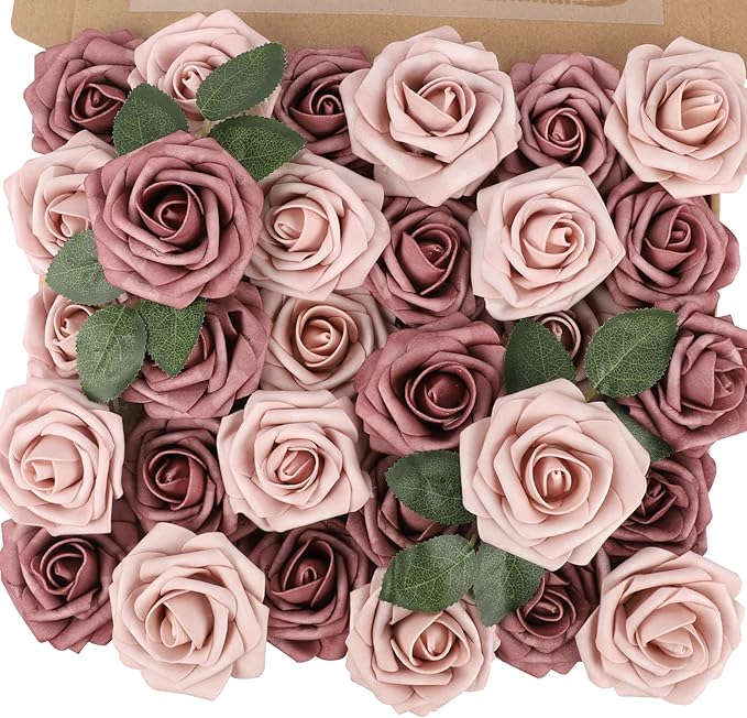 MACTING Artificial Flower Roses Real Touch Fake Flowers with Stem 30PCS Foam Roses for DIY Wedding Bouquet Table Centerpieces Party Holiday Home Spring Valentines Day Decorations(Warm Taupe Nude)