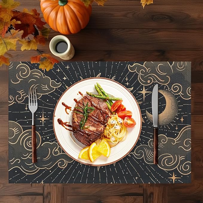 Moon Sun Zodic Placemats Set of 6,Washable Heat Resistant 12×18 Inch Linen Table Mats Witch Place Mats for Party Outdoor Dining Décor