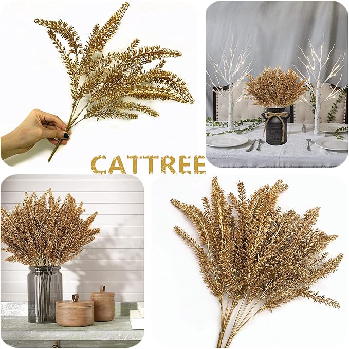 CATTREE Christmas Fake Plants, Artificial Plastic Grass Golden Shrubs Faux Lavender Leaves Simulation Bushes Home Indoor Wedding Decoration Hall Table Planter Filler Decoration - Gold 3 Pack