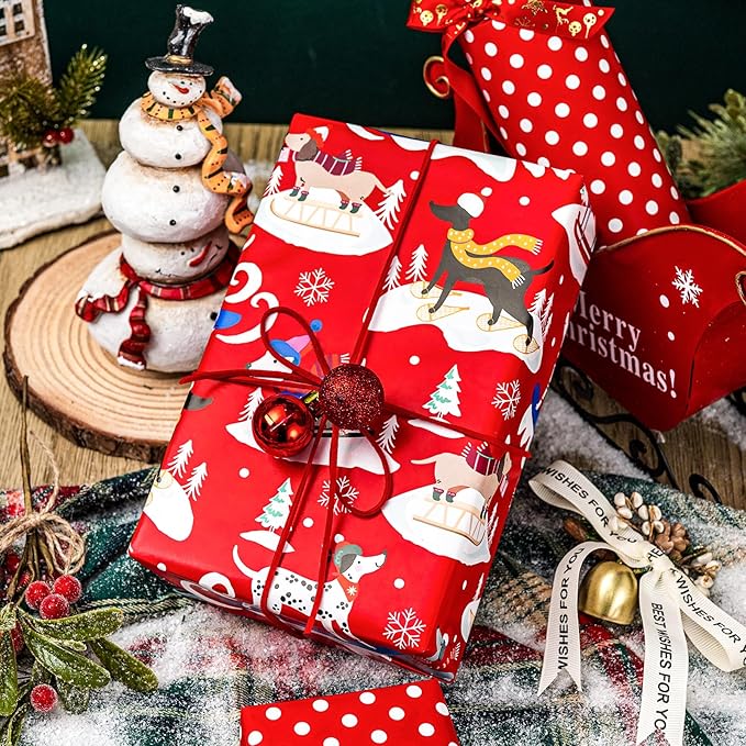 Yarcony Dog Christmas Wrapping Paper Roll, Red Wrapping Paper, Reversible Funny Skiing Puppy and Polka Dot Design Kid Christmas Gift Wrap Paper for Winter Holiday, Dog Lover (17 Inch X 33 Feet)