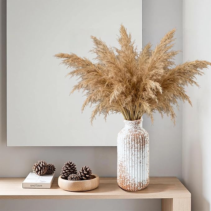 Ceramic Flower Vase Home Décor, 9.25 Inch Rustic Farmhouse Vase, Ribbed Vintage Vase, Pottery Decorative Vases for Living Room, Entryway Table, Shelf, Kitchen Island, Coffee Table(Mottled-Brown)