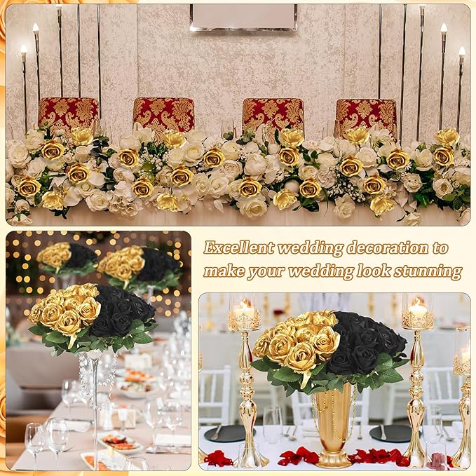 30pcs Fake Roses Artificial Silk Flowers Long Stems Bouquet for Wedding Bridal Shower Party Home Decoration (Black + Gold)