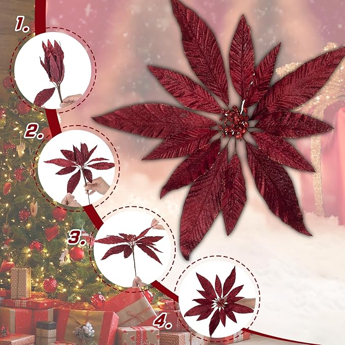 Artificial Flowers 12‘’ Christmas Decoration 4 Pcs Lifeslike Floral Arrangements for Holiday Home Decor Vibrant Colorful Faux Flowers Perfect for Festive Celebrations and Seasonal Decor(Red-1)