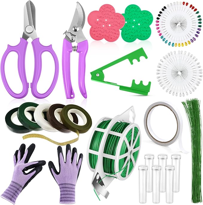 WILLBOND 121 Pcs Floral Arrangement Tool Kit Rose Thorn Remover Pruner Trimmer Gloves 22/26 Gauge Paddle Tie Stem Pearl Corsage Pin Pruning Shears, Florist Garden Tool Gift Kit for Women