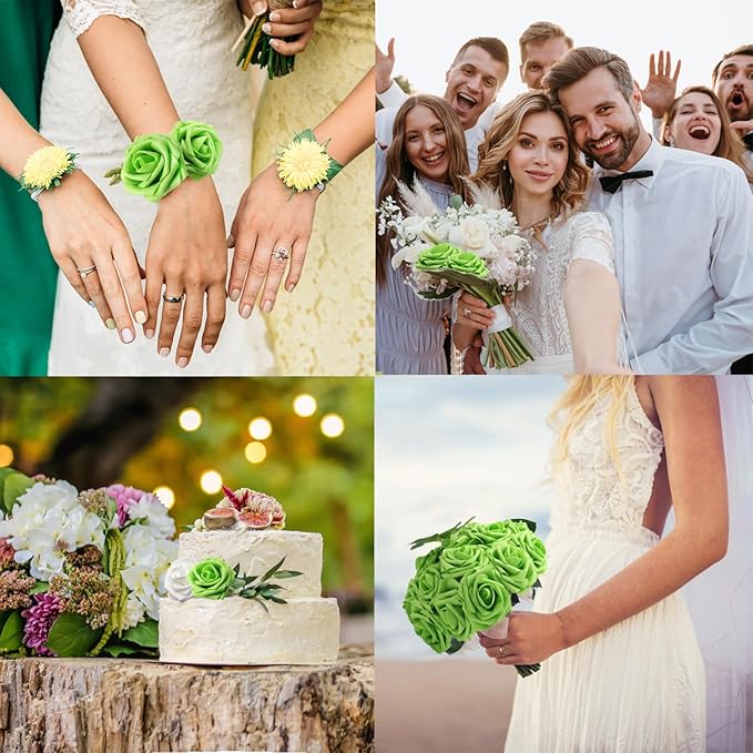 JOYLEX Green Artificial Flowers Realistic Roses, Real Looking Fake Roses with Stem for DIY Wedding Bouquets Centerpieces Bridal Shower Party Home Romantic Decorations (Green, 100pcs)
