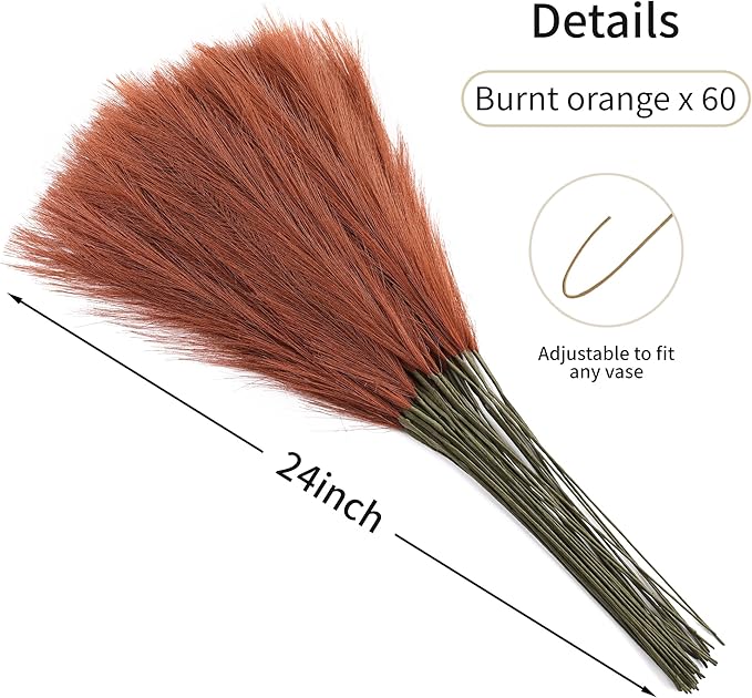 Burnt Orange Pampas Grass - 60pcs 24 Inch Artificial Pampas Grass Decor, Tall Pampas Grass for Floor Vase, Table Centerpieces, Wedding, Party and Fall Decor (Burnt Orange, 60 Pieces)