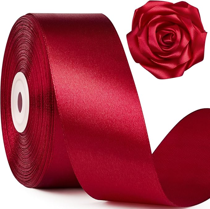 1-1/2 Inch Wide Wine Red Satin Ribbon, 50 Yards Solid Polyester Fabric Ribbon for Roses Making, Gift Wrapping, Christmas, Wedding Decorations, Crafts, Bows