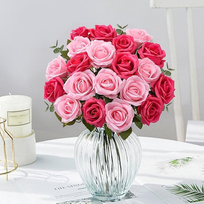 20PCS Artificial Roses with Long Stems - Realistic Silk Flowers, Fake Roses Real Touch Bouquet Roses for Home Decor, Bridal Wedding Table Centerpieces, Faux Rose Flowers (Hot Pink&Pink)