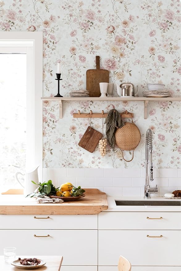Vintage Floral Peel and Stick Wallpaper Pink Vintage Contact Paper 17in×196in Pink Rose Wallpaper Self Adhesive Removable Boho Wall Paper Waterproof for Bathroom Bedroom Decorative Vinyl Roll
