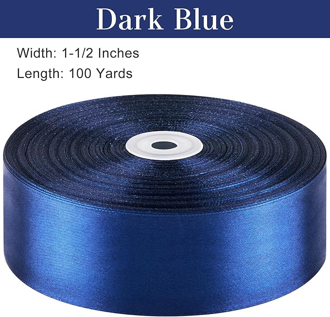 1-1/2 Inches 100 Yards Dark Blue Satin Ribbon, Solid Fabric Ribbon Roll for Flower Bouquets, Gift Wrapping, Wedding, Handmade Crafts