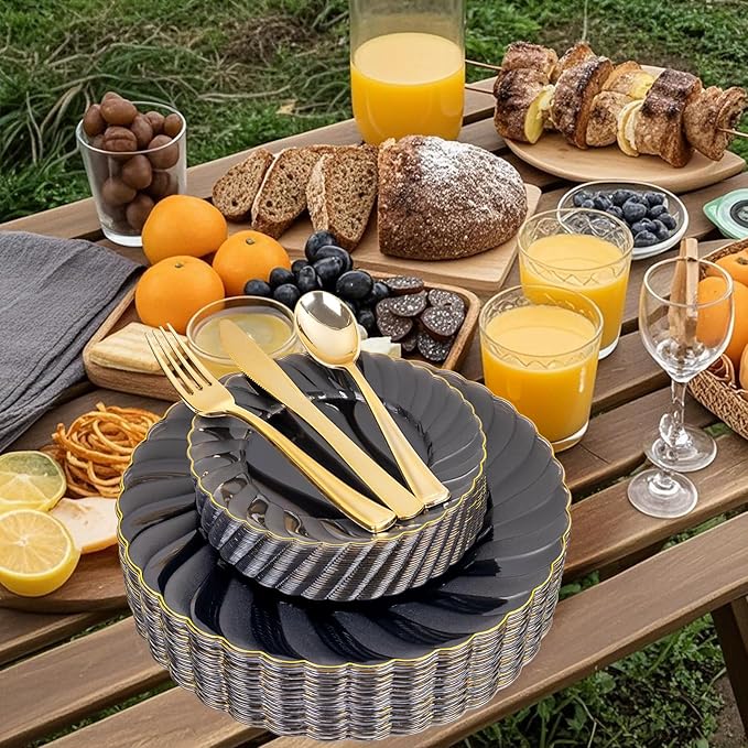 YOUBET 125PCS Clear Black Plastic Plates - Black and Gold Disposable Plates Include 50 Plate, 75 Gold Silverware for Wedding & Party & Birthday New Year