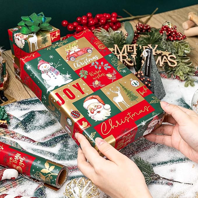 MAYPLUSS Christmas Wrapping Paper - 17 Inch X 33 Feet - Santa Claus Reversible Merry Christmas Gift Wrapping Paper, Metallic Foil Thick Gift Wrap Paper for Holiday Party New Year Kids
