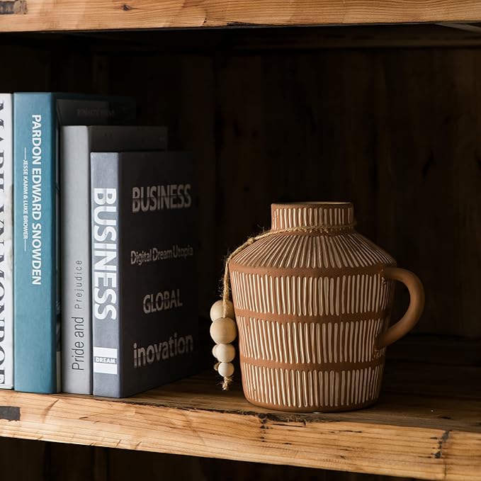Rustic Farmhouse Vase with Handle and Boho Wooden Beads - Terracotta Vase with Vertical Stripes for Vintage Home Decor