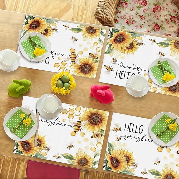 Farmhouse Sunflower Placemats Set of 4, Hello Sunshine Place Mats, Rustic Bee Dining Table Mats, Washable Placemats for Kitchen Dining Room Home Decor 18L'' × 12W''