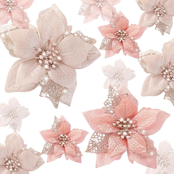 WILLBOND 36 Pieces Christmas Poinsettia Glitter Faux Flowers Christmas Artificial Flowers Tree Ornaments Topper Xmas Decorations(Champagne Gold, Rose Gold)