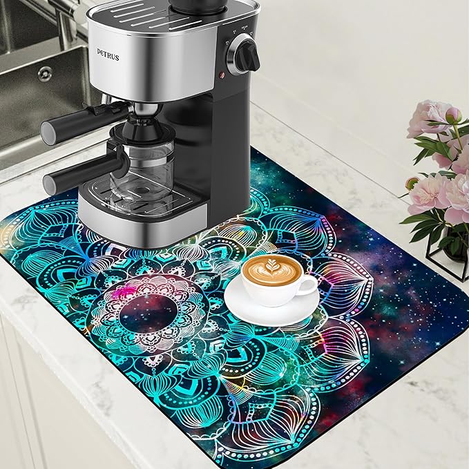 Abstract Mandala Galaxy Star Dish Drying Mat for Kitchen Counter Coffee Mat Hide Stain Absorbent Rubber Backed Dish Drainer Rack Pad Espresso Machine Coffee Bar Accessories 15.7 x 23.6 Inch