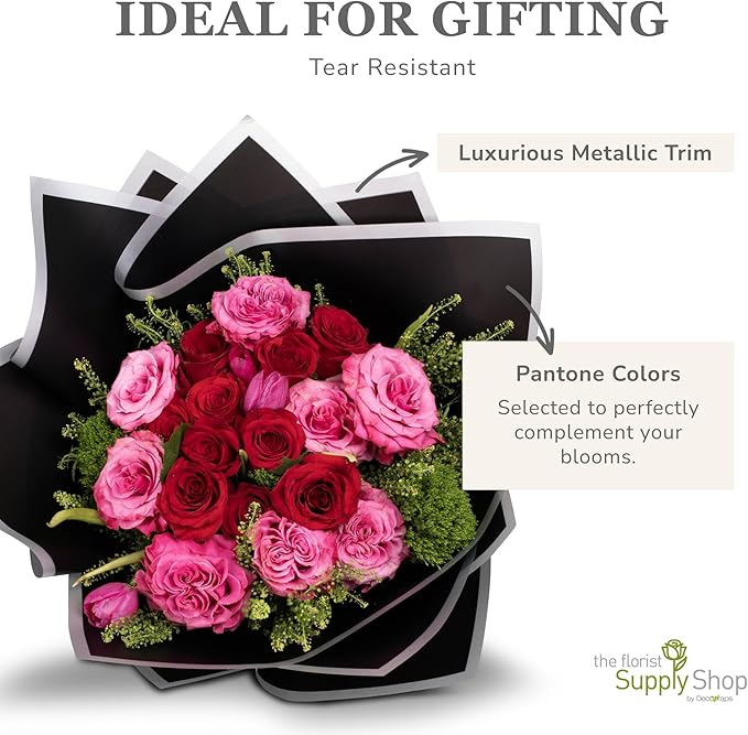 the florist Supply 20 Sheets Premium Flower Wrapping Paper | Waterproof Flower Wrapping Paper for Bouquets | Double Sided Floral Bouquet Sheets | DIY Gifts Borderline Black/Silver