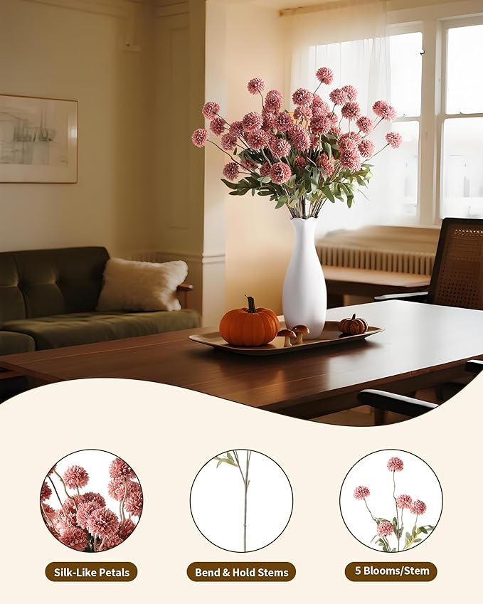 JAKY-Global 10 Stems Fall Artificial Chrysanthemum Flowers,21in Realistic Silk Pompon Fake Mums for Boho Home Decor, Halloween Centerpieces, Autumn Wedding Arrangements