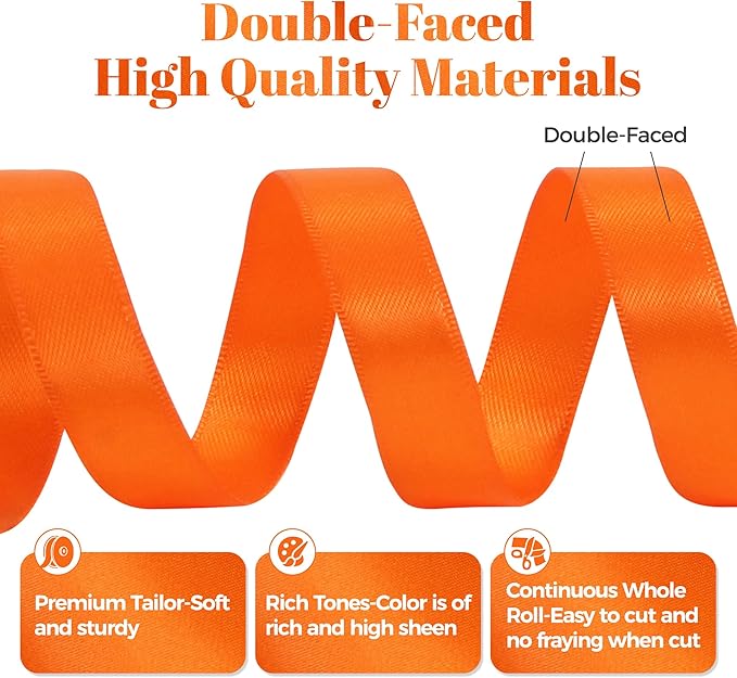 Orange Satin Ribbon, Double Faced 1/2 Inch X 50 Yards Orange Ribbon, Premium Satin Ribbon for Gift Wrapping, Crafts, Hair Bow Making, Sewing, Flower Bouquet, Wedding Party Decor