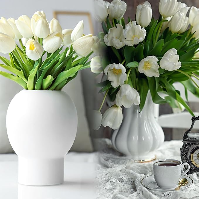 Sggvecsy 15 Pcs Fake Tulips Artificial Flowers Real Touch PU Faux Flowers Tulip Stems for Wedding Spring Bouquet Floral Arrangement Home Party Office Decorations for Mother's Day (Milk White)