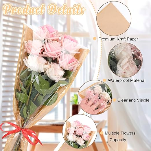 Jansun 100Pcs Flower Wrapping Bags Kraft Paper Flower Sleeves for Bouquets Flower Bags for Birthday Wedding Graduation Gift, Florist Wrap Supplies 9.8x17.9 Inch