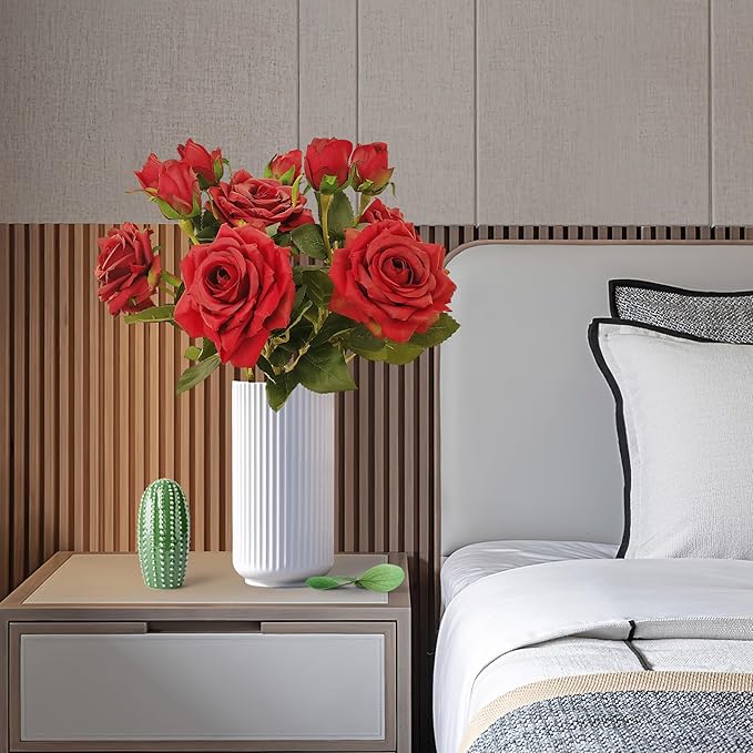 ATFL Fake Red Roses Flowers, 6 Pcs Faux Silk Real Touch Moisturizing Artificial Rose Flowers for Decoration DIY Wedding Party Home Office Decoration and Dining Table Centerpiece (6, red)