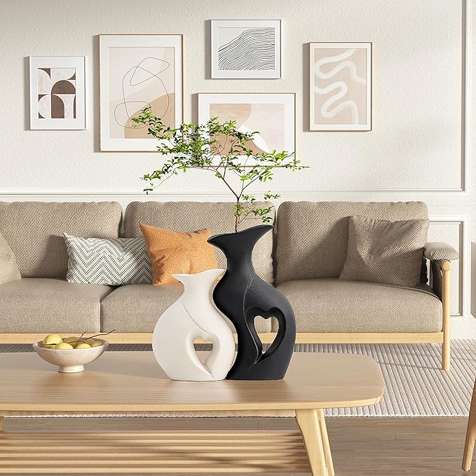 XL Black and White Vase Set of 2,Heart Shaped Ceramic Vases Home Decor,Minimalist Decorative Vases,Modern Home Decor for Wedding Dining Living Room Office Coffee Table Centerpiece